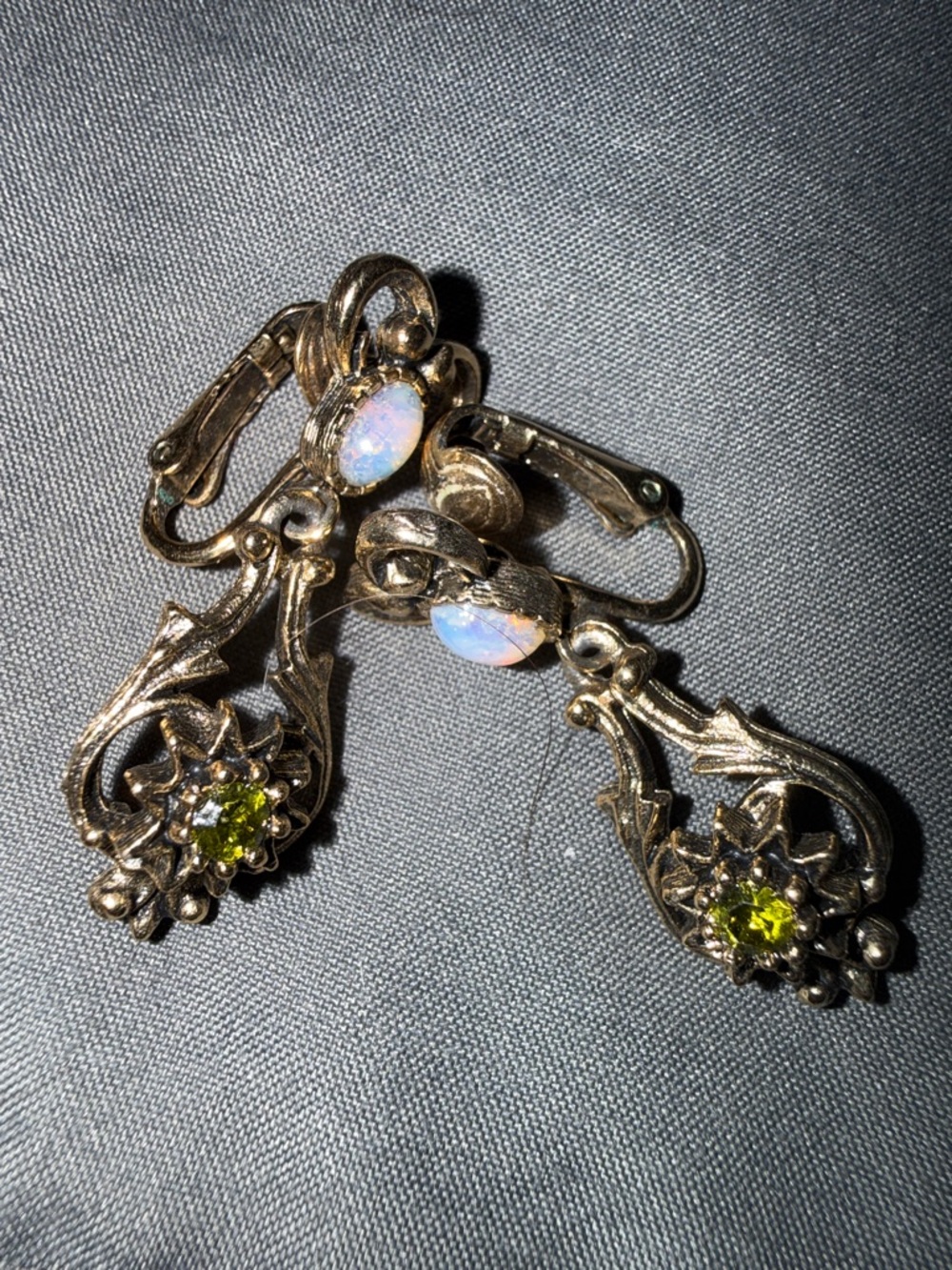 Vintage Sarah Cov gold tone Drop Earrings with Green and Opal Accents